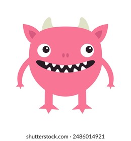 Cute pink monster standing. Happy Halloween. Monsters silhouette icon. Eyes, smiling face, horns hands. Cartoon kawaii funny character. Childish style. Flat design. Isolated. White background. Vector