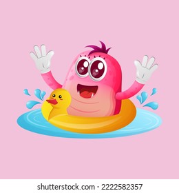 Cute pink monster swimming wearing rubber duck tube. Perfect for kids, small business or e-Commerce, merchandise and sticker, banner promotion, blog or vlog channel
