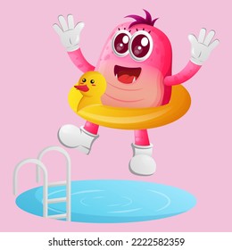 Cute pink monster swimming with wearing rubber duck tube. Perfect for kids, small business or e-Commerce, merchandise and sticker, banner promotion, blog or vlog channel
