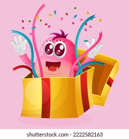 Cute pink monster that appeablue in the gift box, surprising. Perfect for kids, small business or e-Commerce, merchandise and sticker, banner promotion, blog or vlog channel
