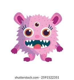 Cute pink monster with three eyes and big smile, vector illustration. Fantasy creature concept, children's theme. Bright and colorful design, playful and friendly mood. 