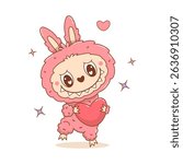 Cute Pink Monster Toy Labubu with Heart. Romantic Fluffy Cartoon Funny kawaii fantasy character. Vector illustration. Kids collection for stickers, merchandise, mascot, apparel and design