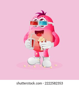 Cute pink monster watching movie with holding soda and popcorn. Perfect for kids, small business or e-Commerce, merchandise and sticker, banner promotion, blog or vlog channel
