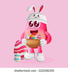 Cute pink monster wearing the bunny cap with holding easter egg in basket. Perfect for kids, small business or e-Commerce, merchandise and sticker, banner promotion, blog or vlog channel
