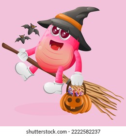Cute pink monster witch with holding halloween pumpkin with candy on it. Perfect for kids, small business or e-Commerce, merchandise and sticker, banner promotion, blog or vlog channel
