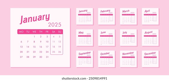 Cute pink monthly calendar for 2025 year in Barbie colors. Week starts on Monday. Vector desk or wall calendar in minimalist style
