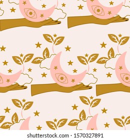 Cute pink moon and hands, seamless pattern design, perfect to use on the web or in print