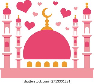 Cute Pink Mosque with Hearts in Flat Cartoon Style