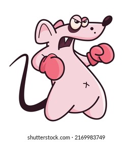 Cute pink mouse in boxing gloves. Shows emotion, you're next, my turn. Mouse character hand drawn style, sticker, emoji