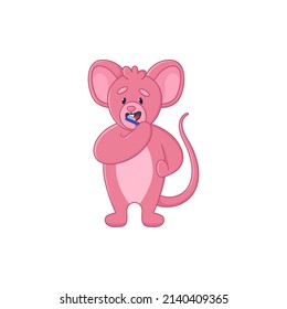Caricatura de dibujos animados de ratón rosa lindo cepillado de dientes pegatina. Rata cómica adorable con cepillo de dientes, ilustración vectorial plana de rutina matutina aislada en fondo blanco. Emociones, concepto de animales