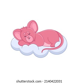 Cute pink mouse cartoon character sleeping on cloud sticker. Adorable comic rat lying on fluffy cloud flat vector illustration isolated on white background. Emotions, animals concept