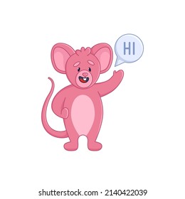 Cute Pink Mouse Cartoon Character Saying Hi Sticker. Comic Rat Waving, Greeting, Speech Bubble With Word Hi Flat Vector Illustration Isolated On White Background. Emotions, Animals Concept