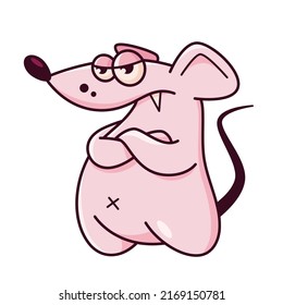 Cute pink mouse. Demonstrates emotions, discontent, suspicion. Mouse character hand drawn style, sticker, emoji