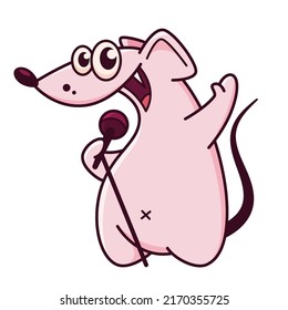 Cute pink mouse with a microphone, sings. Shows emotions, satisfied, happy, cheerful. Mouse character hand drawn style, sticker, emoji