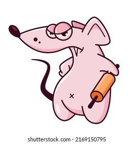 Die rosafarbene Maus mit einem rollenden Stift schmieden. Zeigt Emotionen, unglücklich, wo Sie waren, jetzt bekommen Sie. Maus-Charakter handgezeichnet Stil, Aufkleber, Emoji
