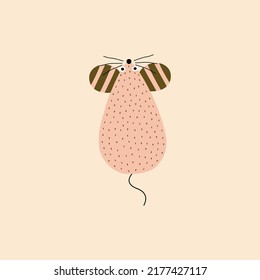 Cute pink mouse with striped ears hand drawn vector illustration. Adorable isolated animal character in flat style for kids logo or icon.