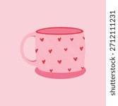 Cute pink mug with small red hearts. Cozy romantic illustration for Valentine’s Day, cards, stickers, and sweet decorative designs.