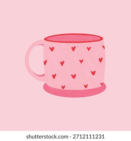 Linda taza rosa con Pequeños corazones rojos. Acogedora ilustración romántica para el día de San Valentín, tarjetas, pegatinas y dulces diseños decorativos.