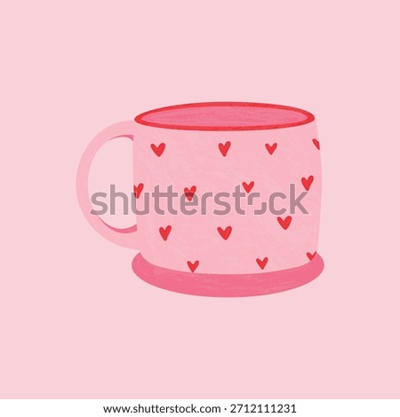 Cute pink mug with small red hearts. Cozy romantic illustration for Valentine’s Day, cards, stickers, and sweet decorative designs.