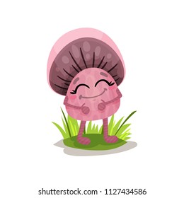 Cute pink mushroom character with human face vector Illustration on a white background