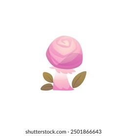 Cute pink mushroom with a rose like cap and brown leaves. Vector illustration for game design, children's books, and fantasy-themed projects.