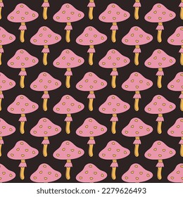 Cute pink mushrooms. Seamless pattern. Fungus with hearts. Retro cartoon style. Hippie design. Dark background.