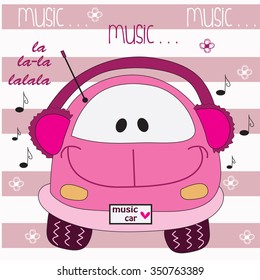 cute pink music car with flowers and notes vector illustration