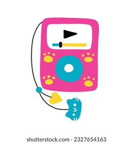 Cute pink music player from the 2000s, music players. Vector illustration in naive hand-drawn style. 