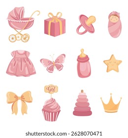 Cute pink newborn girl elements with dress, bow, muffin, and present in flat style for baby shower or announcement design
