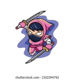 Rutschrosa Ninja mit Schwert. Cartoon-Vektorgrafik einzeln auf Premium-Vektorgrafik