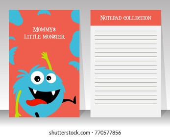 Cute pink note book template for kids with blue monster, vector illustration