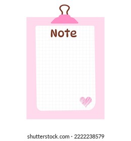 Cute pink note template for planning with clip and heart. Cozy design of schedule, daily planner or checklist. Vector hand-drawn illustration. 