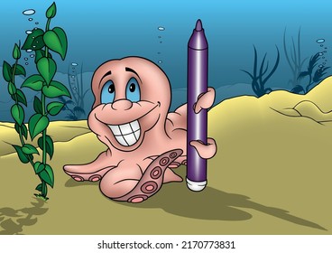 Cute Pink Octopus with Big Smile Holding Purple Felt Tip Pen - Cartoon Illustration with Background, Vector