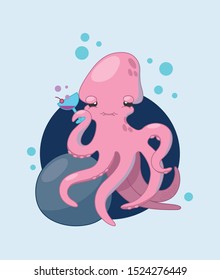 Cute pink octopus cartoon isolated. Drink coctail