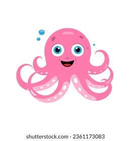 Cute pink octopus cartoon isolated on white background - vector