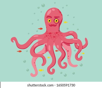 Cute pink octopus. Cartoon style. Vector octopus illustration. Under the sea. On a light blue background.
