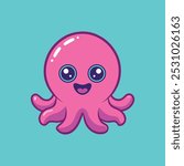 Cute Pink Octopus Cartoon Vector Icon Illustration.