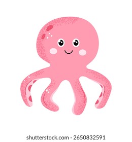 Cute pink octopus character in flat style. Sea animal vector illustration. Isolated on white.