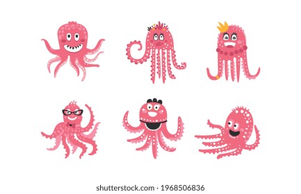 Cute Pink Octopus Characters Collection, Funny Sea Creatures with Smilling Faces Cartoon Vector Illustration