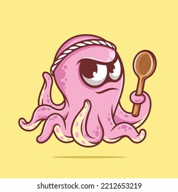 Cute pink octopus chef with spoon cartoon vector