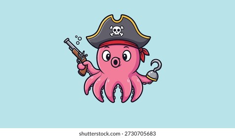 A cute pink octopus dressed as a pirate, holding a pistol and wearing a hook hand.