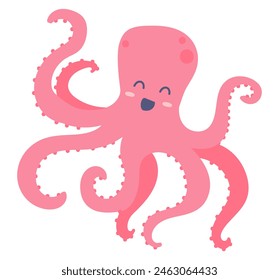 Cute pink octopus in flat design. Swimming underwater animal with tentacles. Vector illustration isolated.