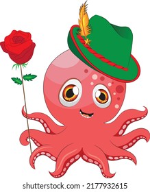 Cute pink octopus with green oktoberfest hat and red rose.Cartoon style hand drawn vector illustration.