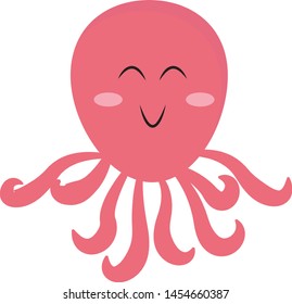 Cute pink octopus, illustration, vector on white background.