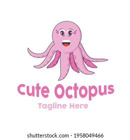 Cute pink Octopus logo mascot vector illustration design with dummy text on white background. Best suited for kid's logo or Kindergarten Logo.