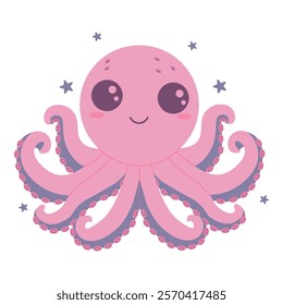 Cute pink octopus with long tentacles and adorable kawaii-style design, surrounded by small stars. Perfect for children’s projects, stationery, or marine-themed decorations in flat style.