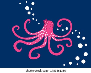 Cute pink octopus on the dark blue water background