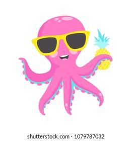 Cute pink octopus with  pineapple. Vector illustration