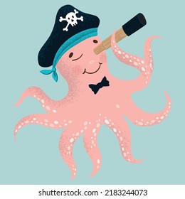 El pirata de pulpo rosa lindo mira a través de binoculares. Ilustración vectorial con estilo dibujado a mano.