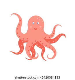 Cute pink octopus. Sea and ocean animal. Underwater life. Children's illustration in cartoon style. Vector illustration  isolated on white background